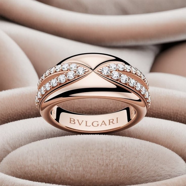 A high-end, clean product shot of a rose gold ring resting on a soft-textured beige surface, emphasizing luxury and precision.