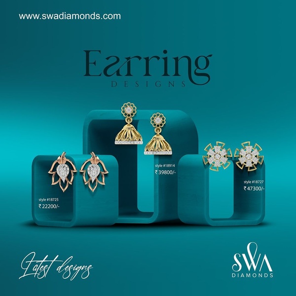 A clean, studio-lit catalog layout showcasing three different styles of earrings on a teal background with pricing labels.