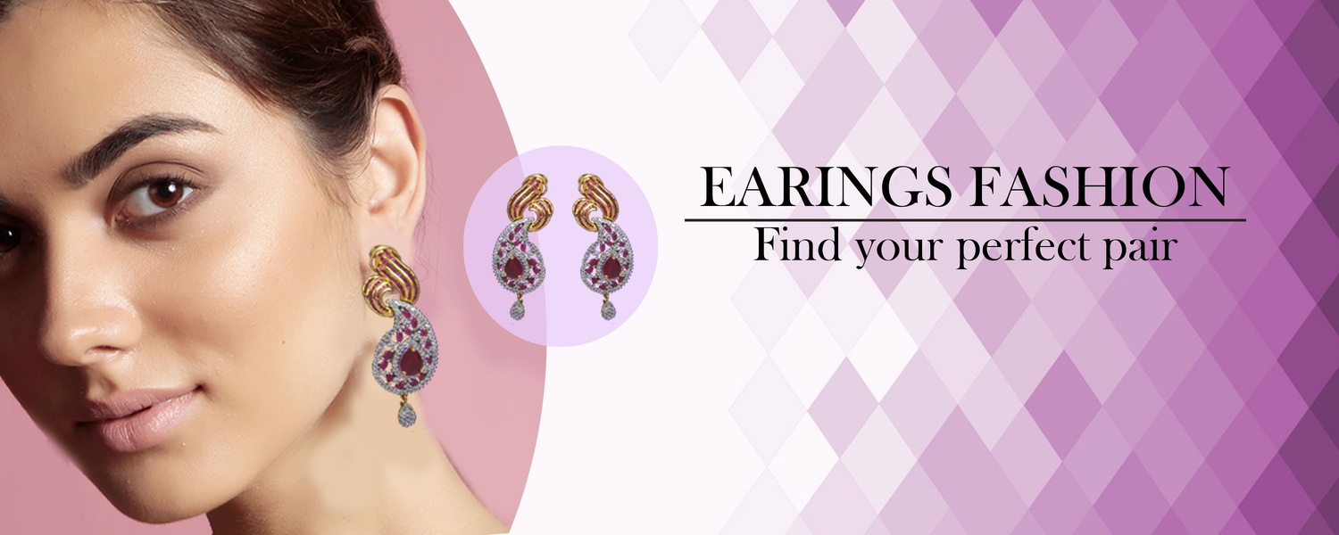 A high-end studio portrait of a model wearing detailed paisley-style earrings, presented alongside a clean product close-up on a purple geometric background.