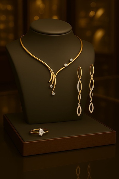 A sophisticated, studio-lit presentation of a gold necklace, matching drop earrings, and a diamond ring on a professional dark display stand.