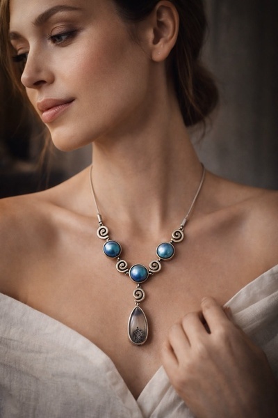 A close-up studio shot of a model wearing a unique silver and blue stone necklace, emphasizing product elegance and simplicity.