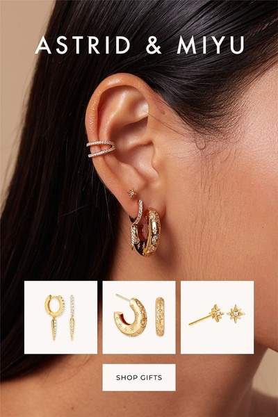 A close-up photograph of an ear featuring multiple gold jewelry pieces, paired with a grid showing individual product items for clarity.