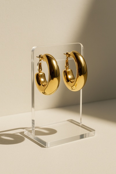 A high-quality studio shot of gold hoop earrings mounted on a clear acrylic stand against a neutral, softly lit background.