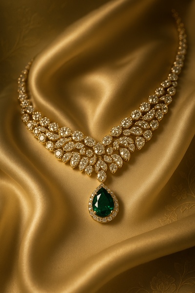 A high-end product shot of a teardrop emerald and diamond necklace draped gracefully over shimmering gold satin.