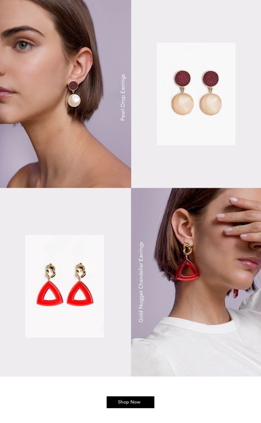 A clean, split-screen composition featuring close-up lifestyle shots paired with isolated product views for two distinct earring designs.