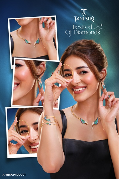 A high-end product showcase featuring a model wearing layered diamond jewelry pieces in a multi-image collage format.