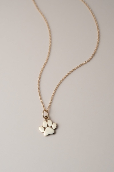 A high-quality, clean-background hero shot of a gold paw print pendant on a delicate chain, designed to emphasize material texture and sentiment.