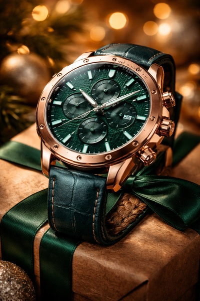 A close-up, high-detail professional shot of a green-faced, gold-cased wristwatch placed on a gift-wrapped box during the holiday season.