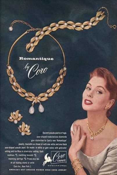 A high-contrast advertisement featuring a golden necklace with pearl accents, displayed alongside a model for size and style reference.