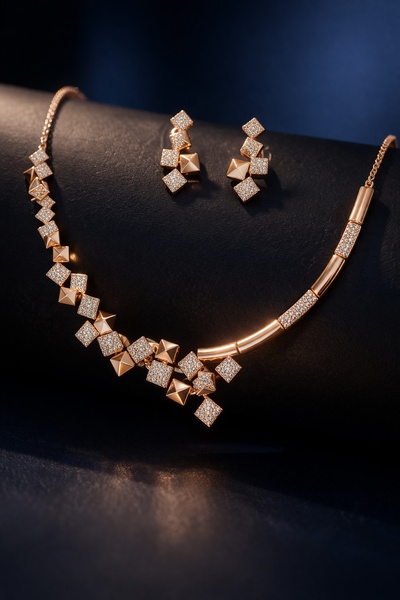 A sophisticated, high-contrast studio shot of a gold-toned necklace and earring set featuring a unique geometric cube design on a dark background.