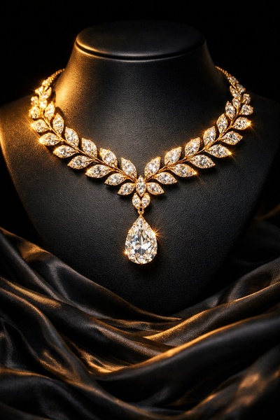 A high-end, studio-lit close-up of a diamond and gold leaf necklace displayed on a black bust against a soft, draped fabric background.