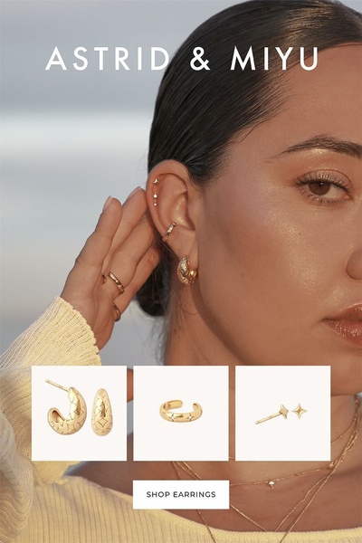 A high-end editorial close-up featuring a model showcasing layered earrings, complemented by a clean, isolated product grid beneath.