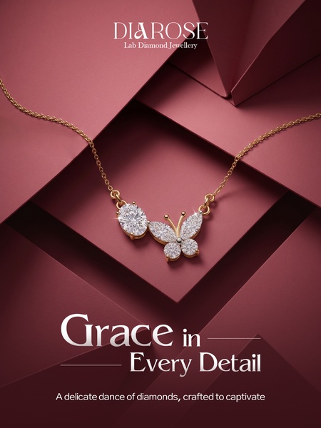 A close-up, high-end studio hero shot of a butterfly-shaped diamond necklace set against a deep maroon geometric backdrop.
