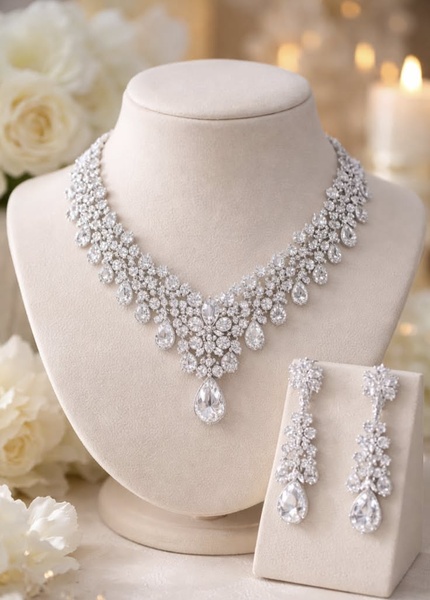 A high-end, clean product shot of a silver diamond-encrusted bridal necklace and matching earrings displayed on a neutral, soft-toned bust.