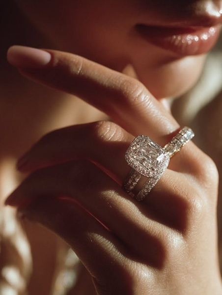 A high-end macro shot featuring a hand wearing an intricate diamond engagement ring, captured in warm, natural sunlight with a soft, blurred background.