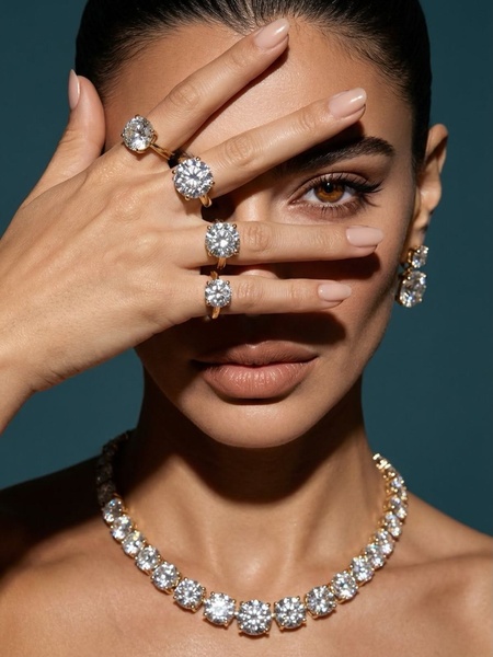 A high-fashion, high-contrast close-up shot featuring a model wearing a premium diamond necklace and multiple matching rings.