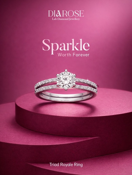 A high-end, clean product hero shot of the Triad Royale Ring placed on a magenta platform to highlight its sparkle and premium quality.