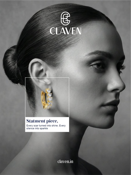 A high-end editorial close-up of a model wearing gold heart earrings with emotional, transformative copy.