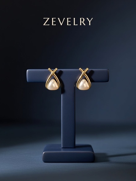 A high-end studio shot of gold cross-design earrings with pearls, presented on a dark blue minimalist display stand.