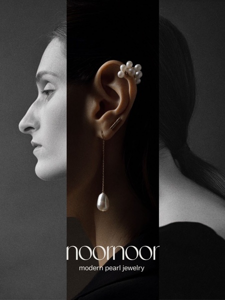 A refined, high-fashion triptych displaying a side-profile portrait and close-up jewelry detail shots, focusing on modern pearl aesthetic.