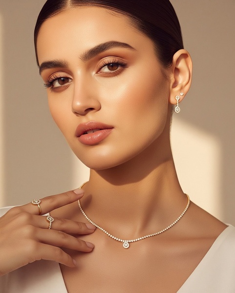 A close-up studio portrait of a woman wearing a delicate diamond necklace and matching rings, emphasizing a clean, high-fashion aesthetic.