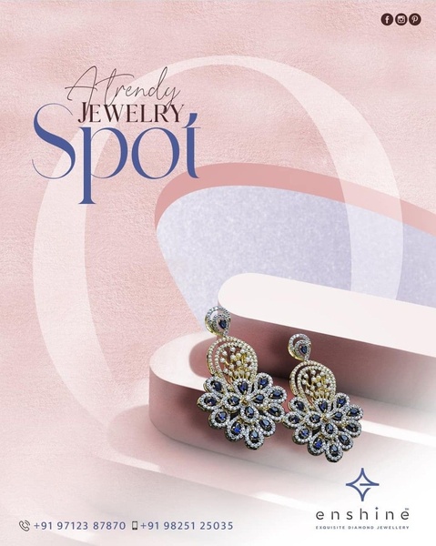 A high-end jewelry ad featuring diamond earrings on a soft pastel background with a minimalist, clean aesthetic.