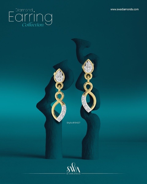 A high-end, minimalist studio photograph of a pair of diamond earrings showcased on abstract, dark teal pillars.