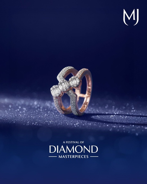 A high-end, elegant close-up of a diamond ring set against a deep blue, shimmering background that emphasizes premium brand quality.