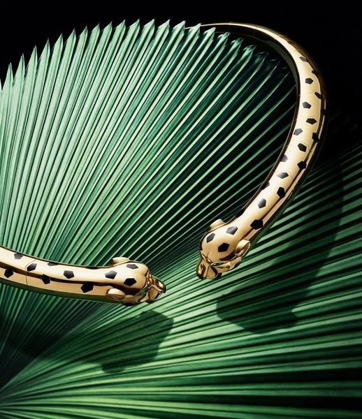 A high-end, close-up shot of a panther-head golden bracelet resting on a palm leaf, emphasizing texture and brand prestige.