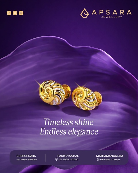 A high-end studio shot of gold earrings resting on a deep purple fabric backdrop, emphasizing luxury and craftsmanship.