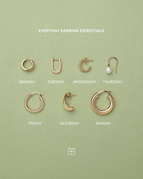 A clean, organized product showcase laying out seven unique earring styles, one for each day of the week, against a neutral sage background.