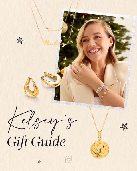 A high-conversion gift guide creative featuring a human touch, personalized jewelry pieces, and a festive holiday atmosphere.