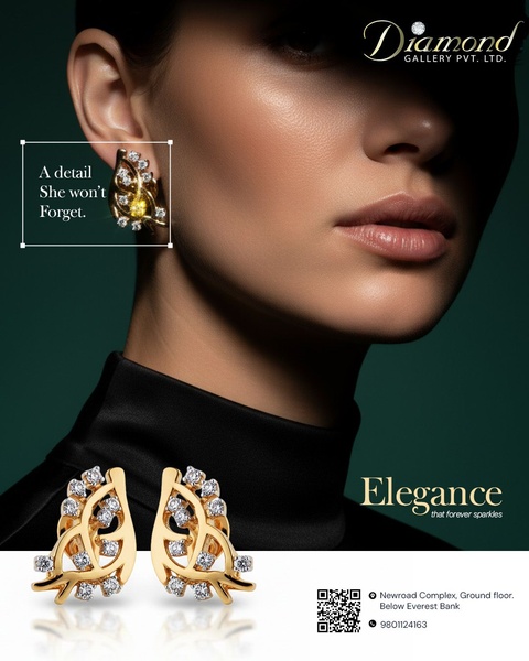 A close-up photograph of a woman wearing gold leaf-shaped diamond earrings, utilizing a dark, moody background to emphasize the product's elegance.