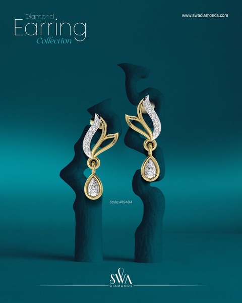 A high-end product photography creative featuring diamond earrings suspended against an abstract teal background to create a premium, minimalist aesthetic.