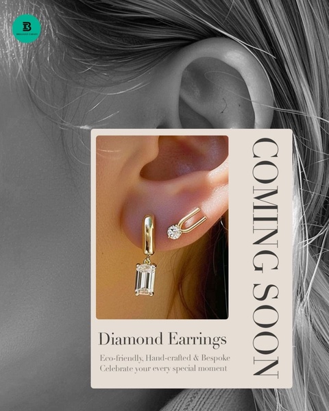 A minimalist, high-contrast ad featuring a close-up of diamond earrings worn by a model with a clean coming soon overlay.