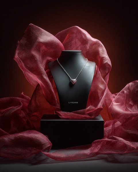 A high-end, studio-lit photograph of a minimalist necklace displayed on a black bust, framed by elegant red silk.