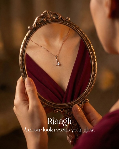 An elegant, close-up shot of a necklace being viewed in a handheld mirror, emphasizing the piece's delicate glow and refined aesthetic.