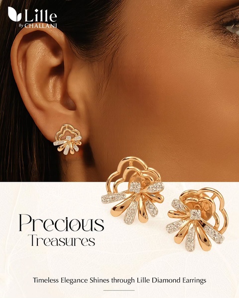 A close-up portrait of a model wearing gold diamond earrings, paired with a product hero shot on a clean white background.