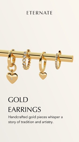 This 9:16 vertical creative uses a clean, studio-lit aesthetic to showcase fine jewelry on a gold rod, emphasizing elegance and product detail.