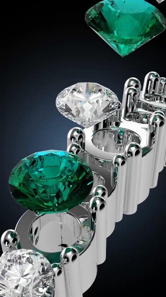 A high-end product hero shot featuring diamonds and emeralds floating above a sleek metallic bracelet setting in a dramatic, dark-themed studio environment.