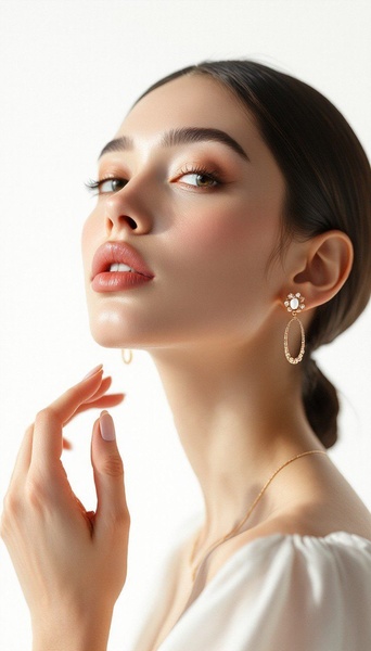 A close-up portrait featuring delicate gold floral-inspired earrings against a clean white background, emphasizing high-end product detail.