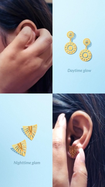 A split-screen 9:16 layout showing earrings on an ear vs. a plain background, comparing daytime glow and nighttime glam styles.