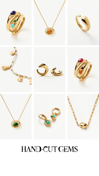 A refined 9-panel grid showcasing various pieces of jewelry with hand-cut gemstones, emphasizing product clarity and color detail.