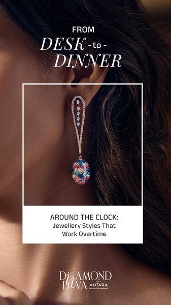 This creative showcases a high-end earring in a 9:16 vertical format, emphasizing the versatility of the piece for professional and social settings.