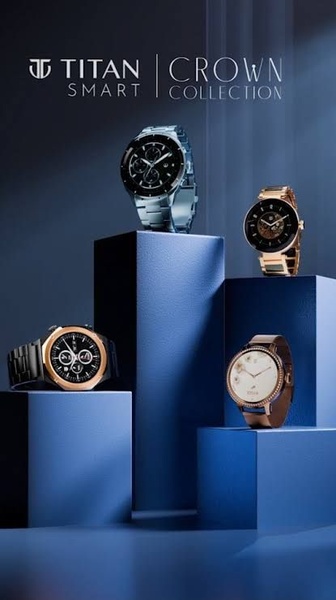 A high-end studio product shot featuring four distinct smartwatches arranged on blue pedestals against a dark, moody background.