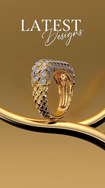 A close-up, high-end product display of a gold ring featuring a honeycomb diamond-studded pattern set against a rich, metallic gold background.