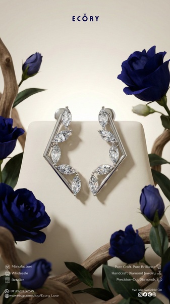 A sophisticated earring pair resting on a pedestal surrounded by deep blue roses, emphasizing a luxury aesthetic for high-end jewelry.