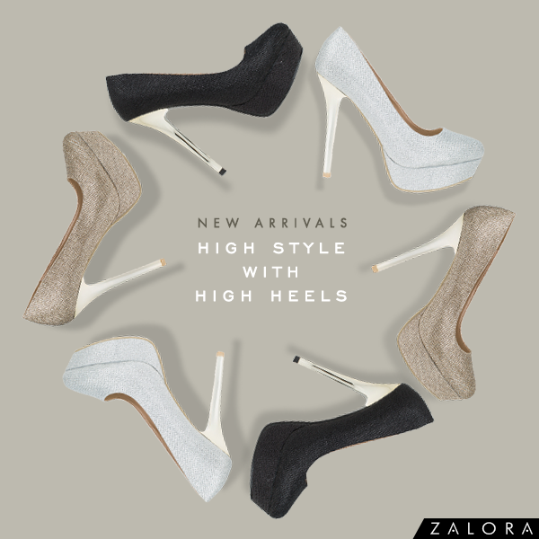 A clean, balanced product hero creative displaying multiple high heel designs in a circular formation against a neutral background.