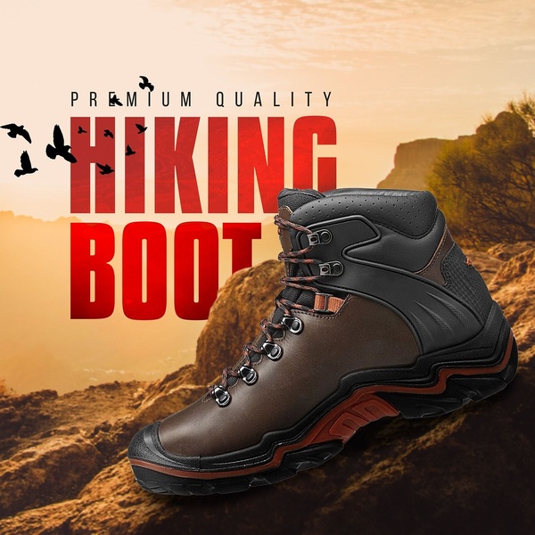 A high-impact 1:1 square ad creative featuring a premium hiking boot centered against a dramatic mountain sunset background.
