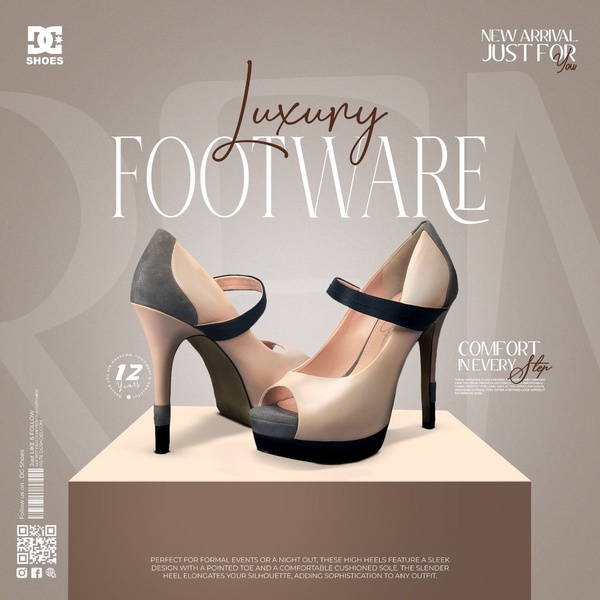 A polished, studio-style product hero shot of high heels on a display platform, highlighting comfort and elegance.
